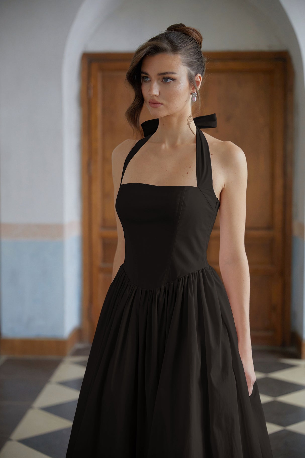 Aurohaya Eponine Black Layered Flared Hem Midi Dress