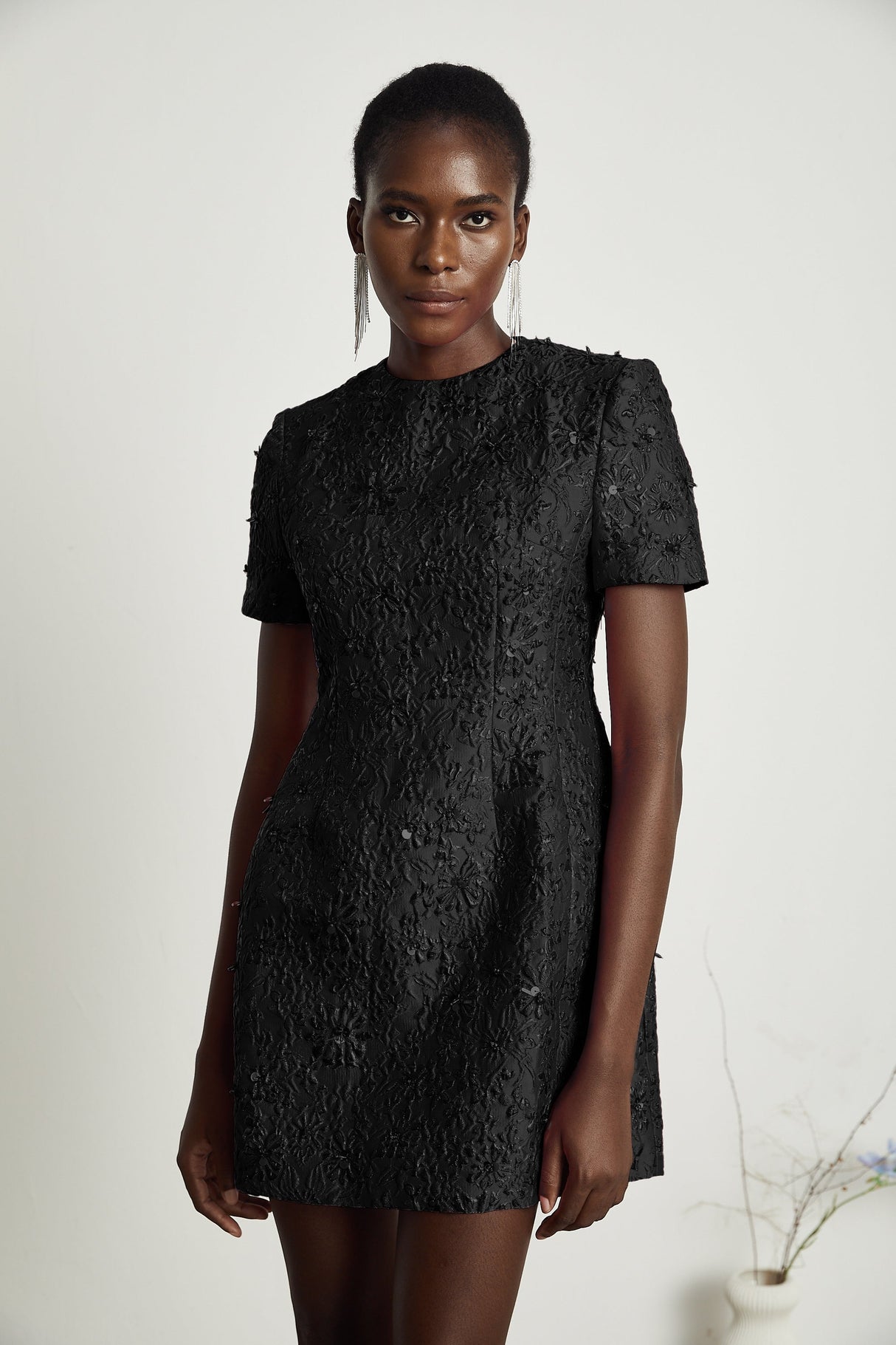 Aurohaya Celestia Floral-Appliqué Embellished Mini Dress in Black