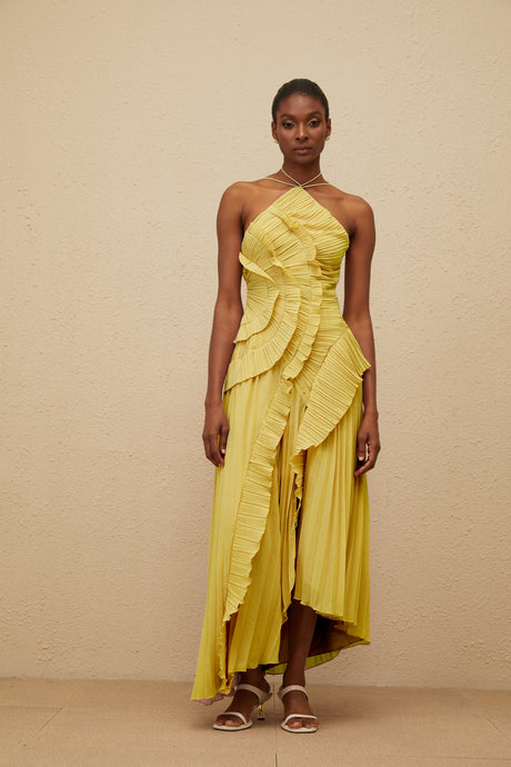 Aurohaya Doux Yellow Ruffled Trim Pleated Midi Dress