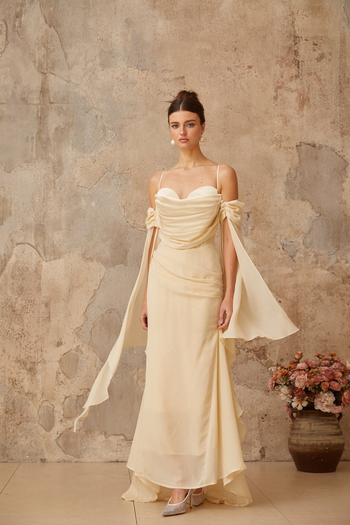 Aurohaya Mélusine Neutral Ruched Chiffon Maxi Dress