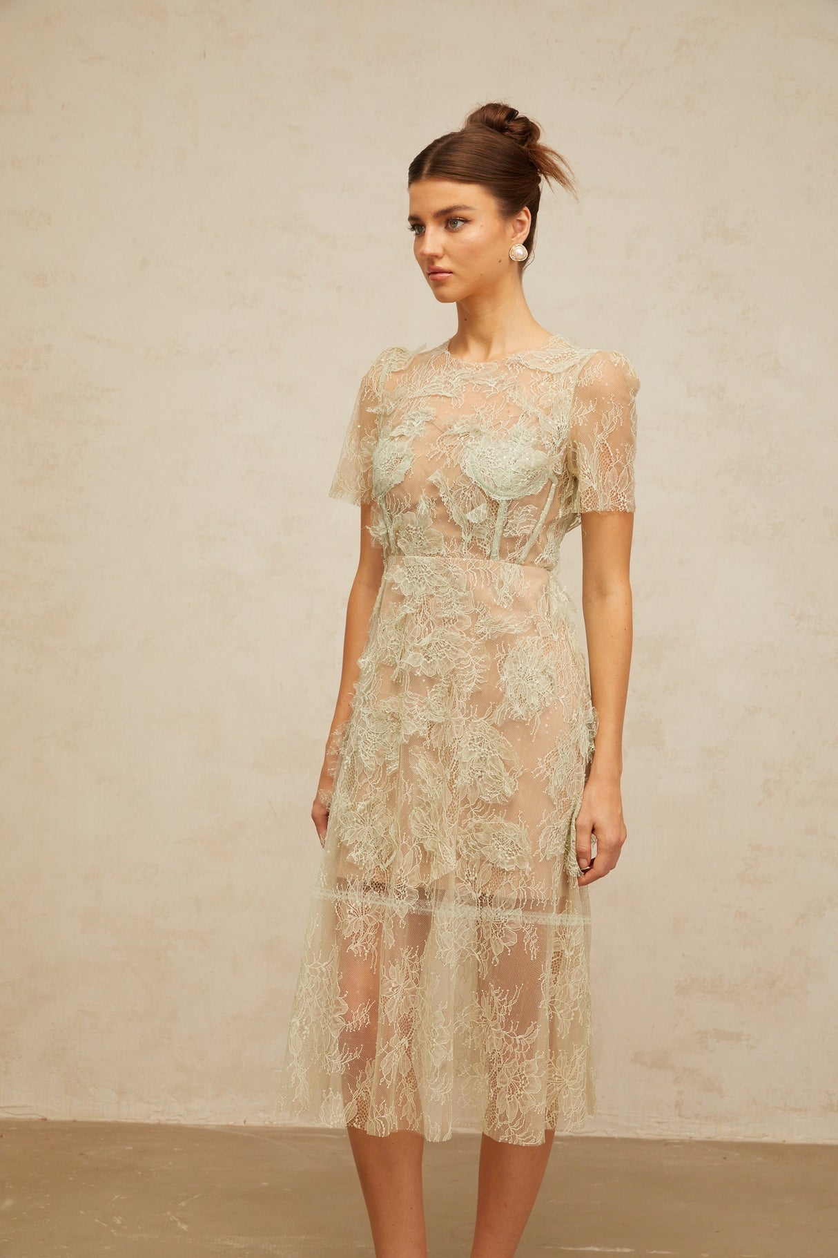 Aurohaya Xaviera mint-green floral-lace midi dress