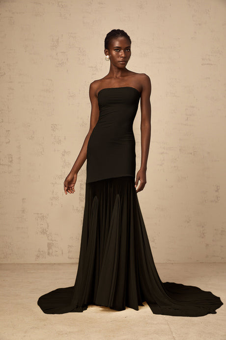 Aurohaya Josiane Black Off-shoulder Sheer Tulle Maxi Dress