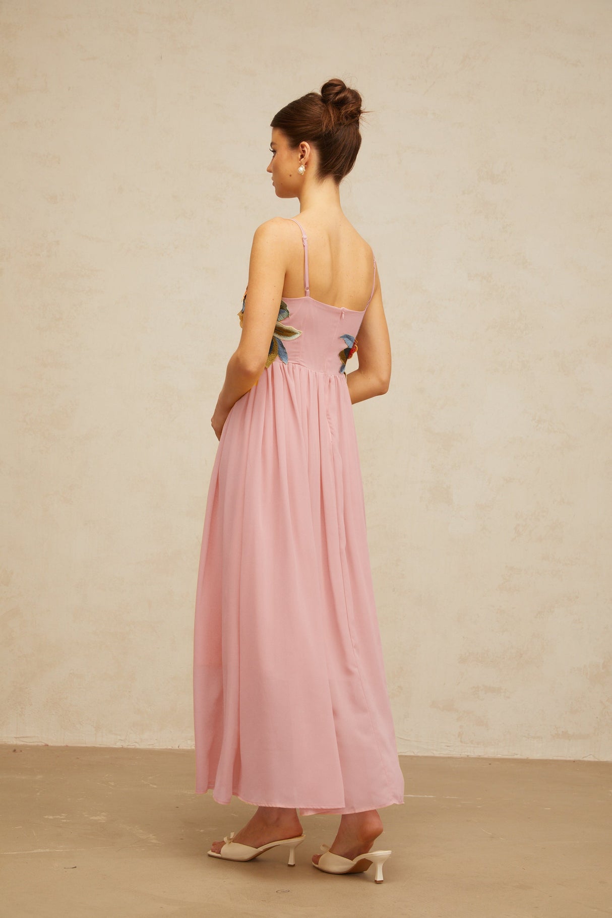 Aurohaya Josette floral-embroidered shirred maxi dress in Pink
