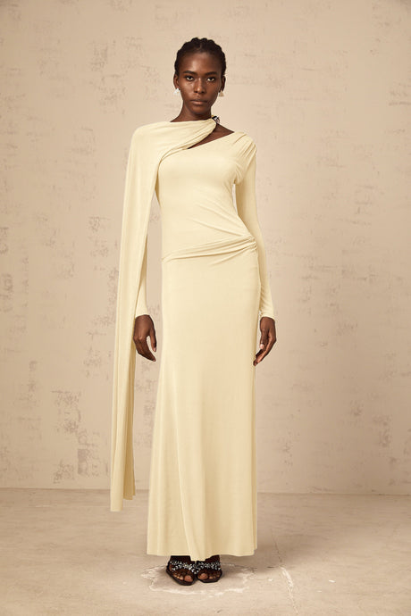 Aurohaya Josette Yellow Diagonal Shawl Fitted Maxi Dress