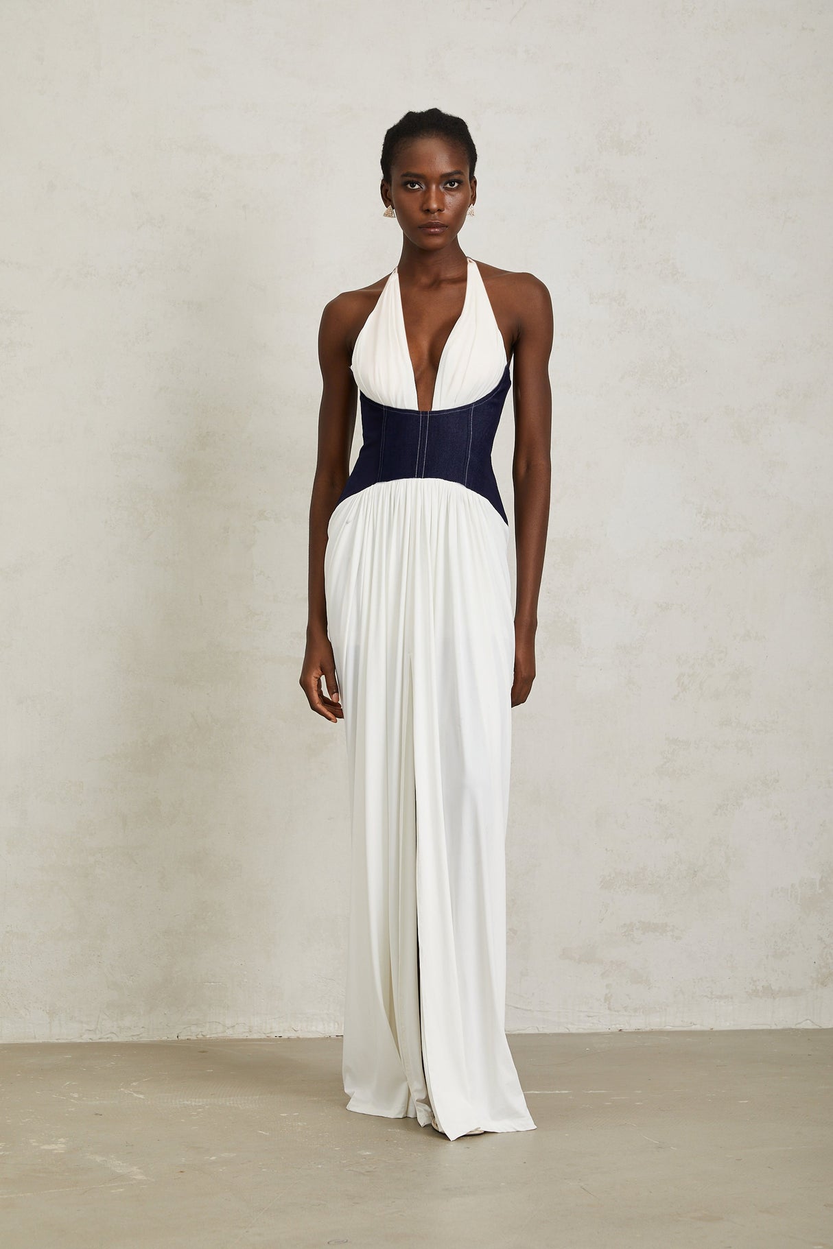 Aurohaya Airi White Halterneck Denim Panel Maxi Dress