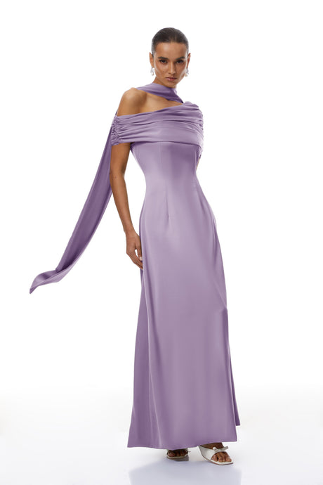 Aurohaya Benedetta Lilac One Shoulder Satin Maxi Dress