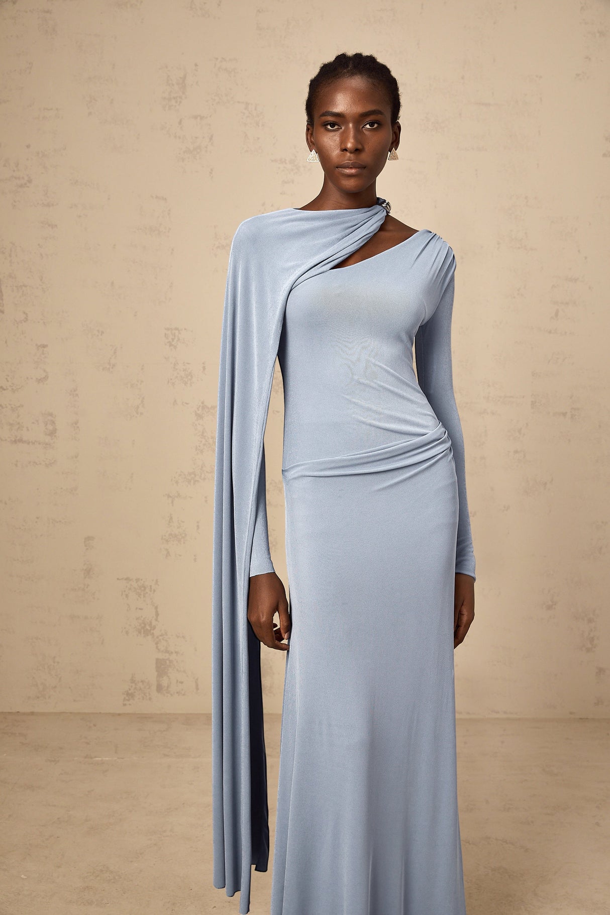 Aurohaya Josette Blue Diagonal Shawl Fitted Maxi Dress