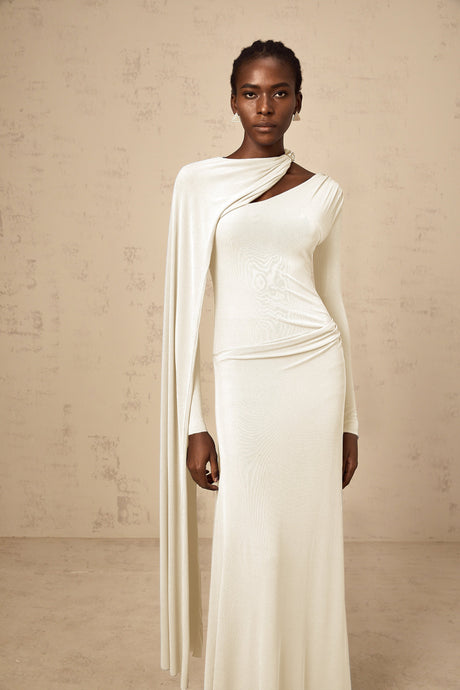 Aurohaya Josette White Diagonal Shawl Fitted Maxi Dress