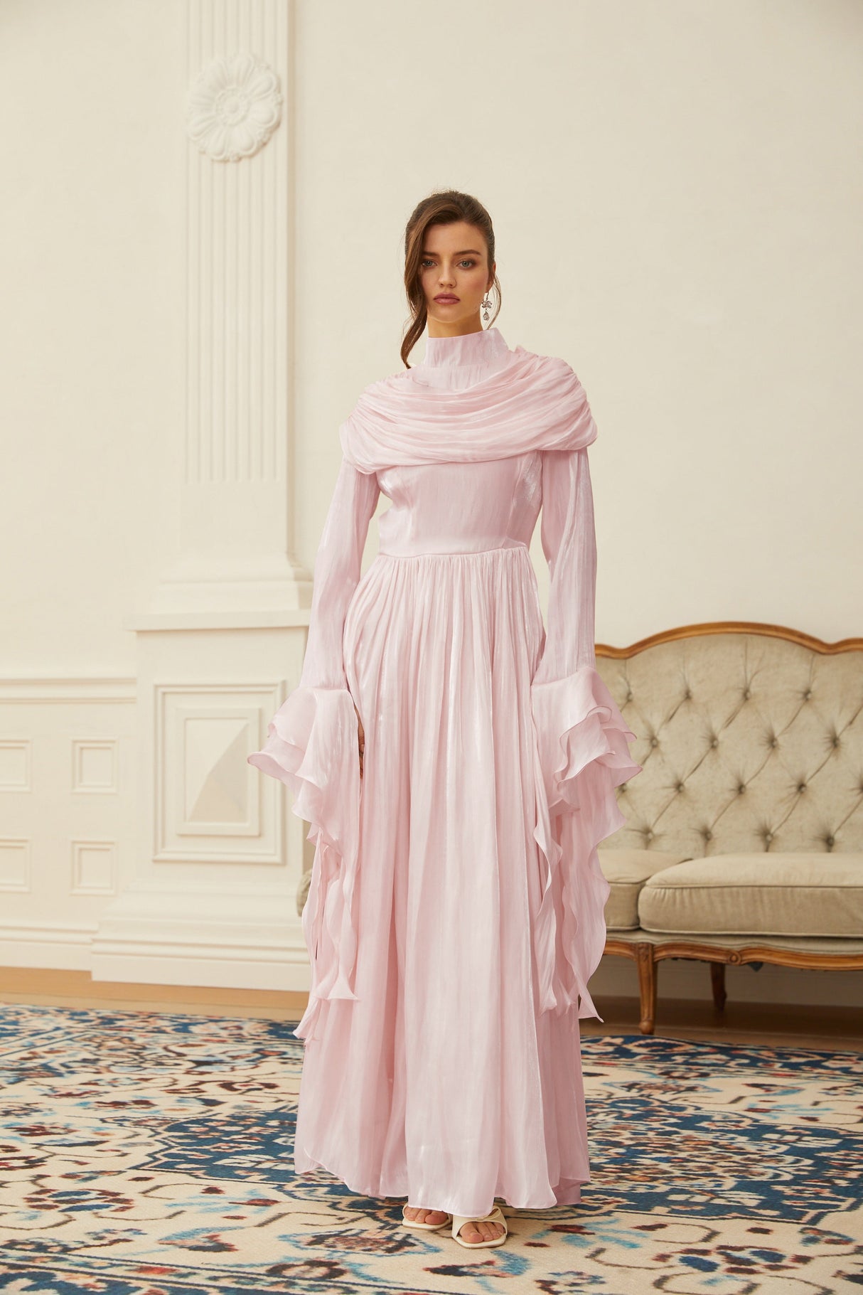 Aurohaya Danuta Pink Ruched Pleated Maxi Dress