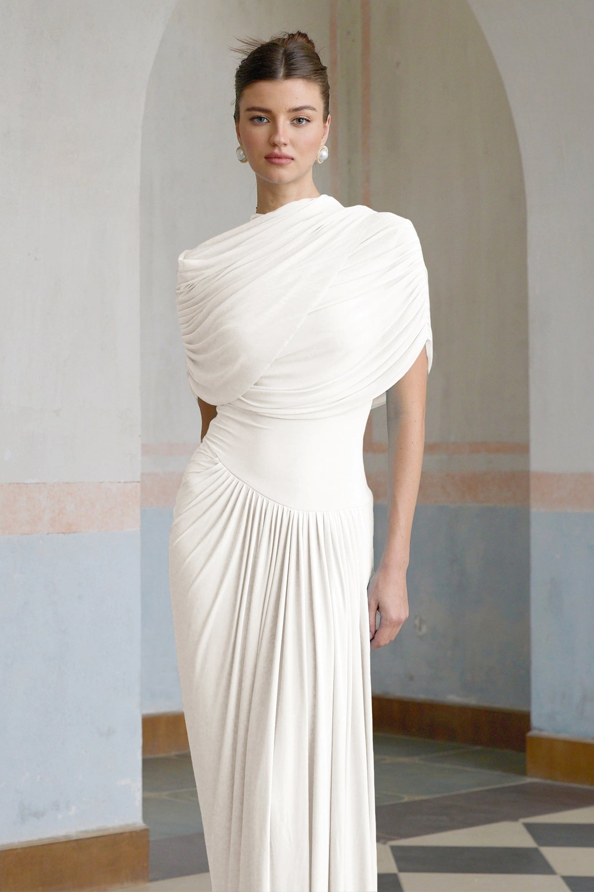 Aurohaya Catherine White Asymmetrical Pleated Maxi Dress