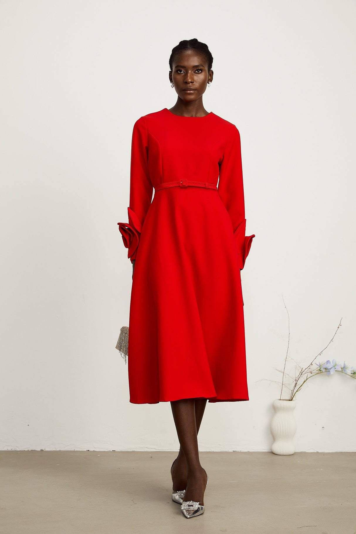 Aurohaya Elysia floral-embellished red long-sleeve dress