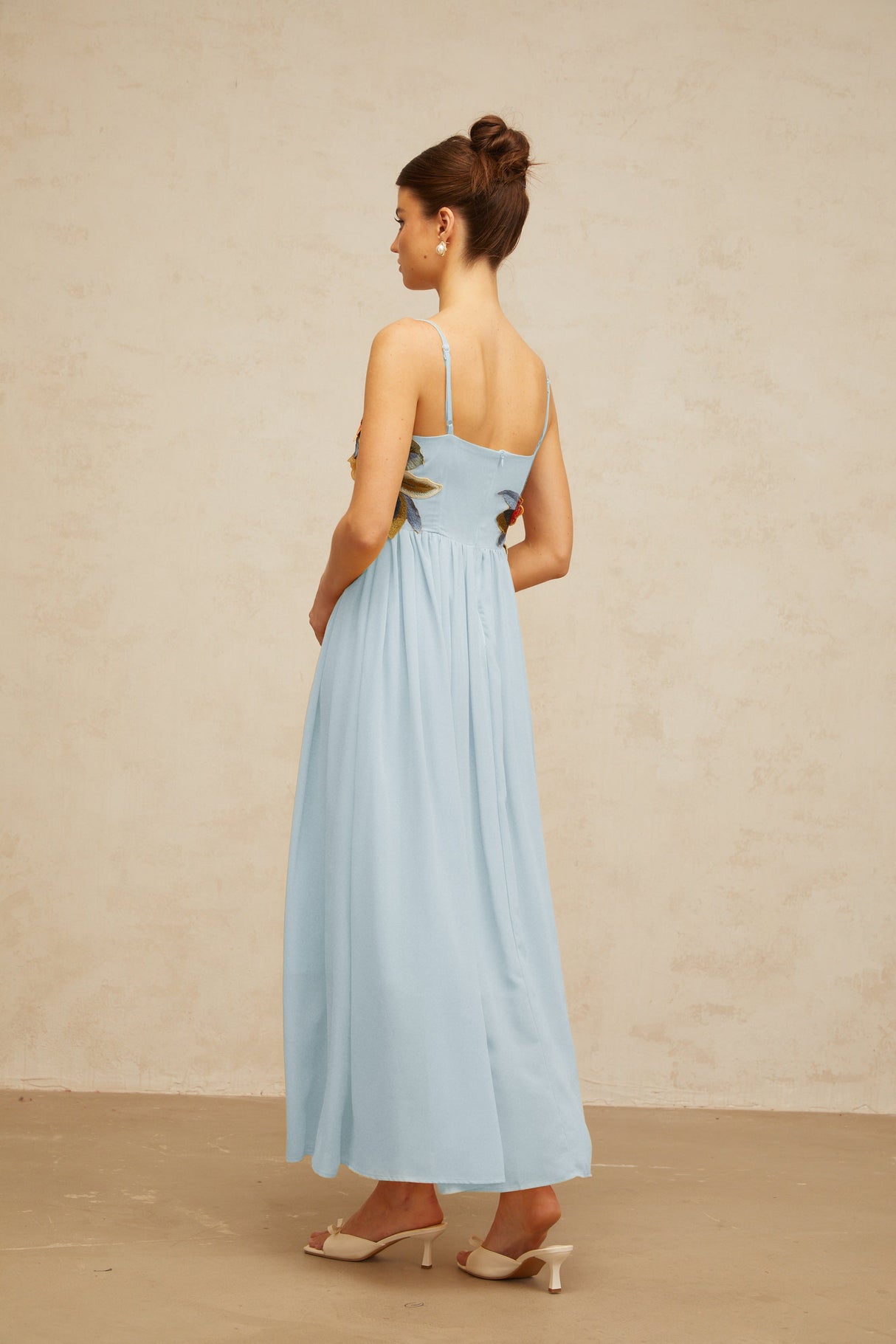 Aurohaya Josette floral-embroidered shirred maxi dress in Blue