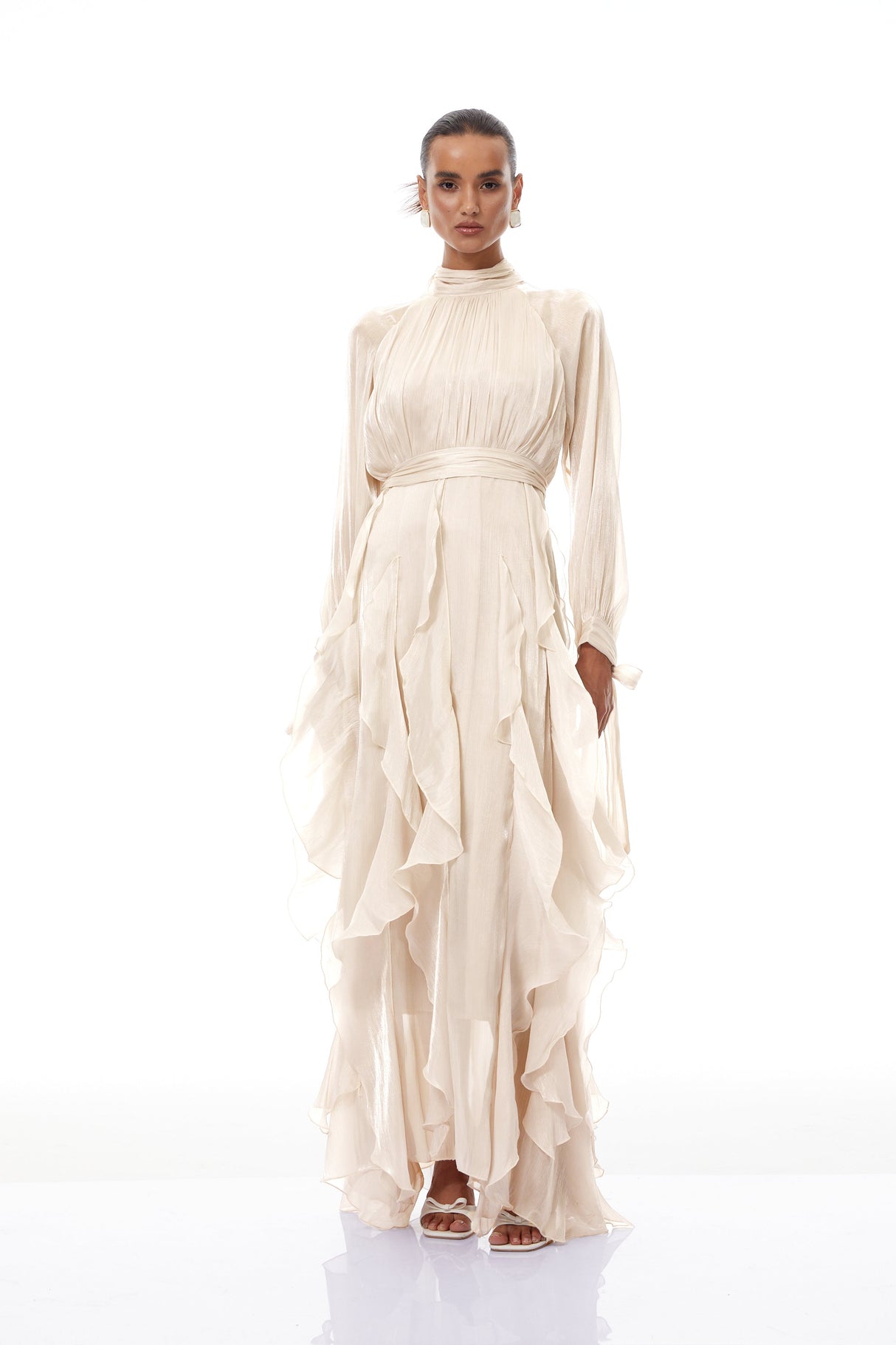 Aurohaya Zélie Neutral Glossy Pleated Ruffled Maxi dress