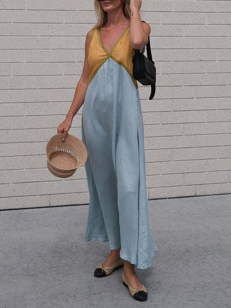 Aurohaya Splicing Chic V-neck Contrasting Color Dress Yellow