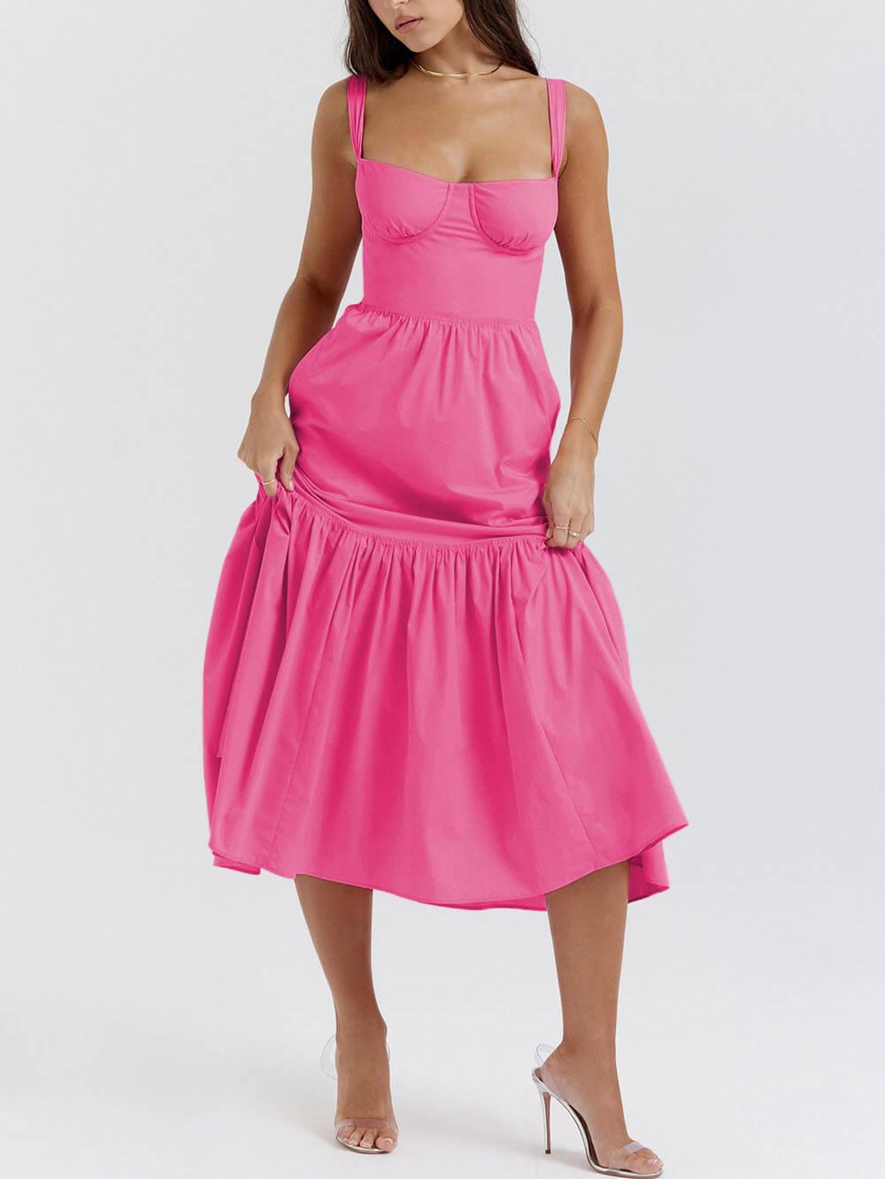 Aurohaya Strap Solid Color A-Hem Midi Dress