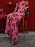 Aurohaya Cheongsam Rose Floral Print Tiered Flare Sleeve Stretch Maxi Dress