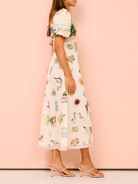Aurohaya Feature Printed Ethnic Style Round Neck Midi Dress