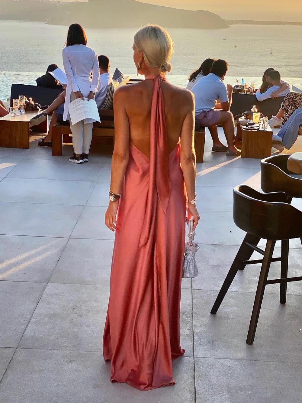 Aurohaya Summer Temperament Satin Halter Swing Gown Dresses