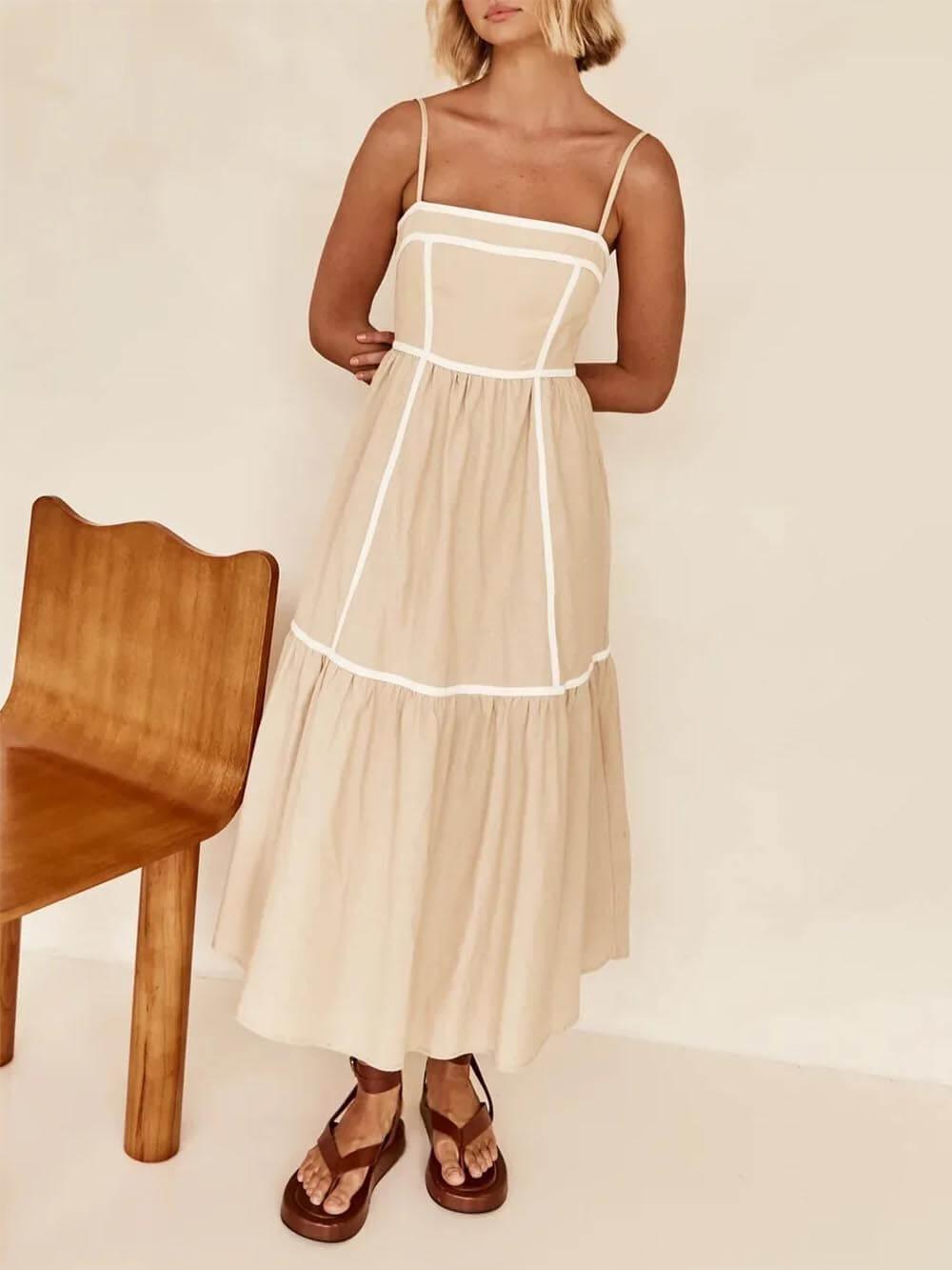 Aurohaya Contrast Color Trim Adjustable Straps Midi Dress