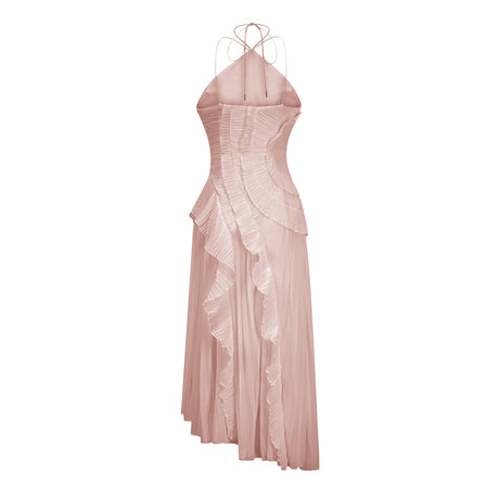 Aurohaya Doux Pink Ruffled Trim Pleated Midi Dress