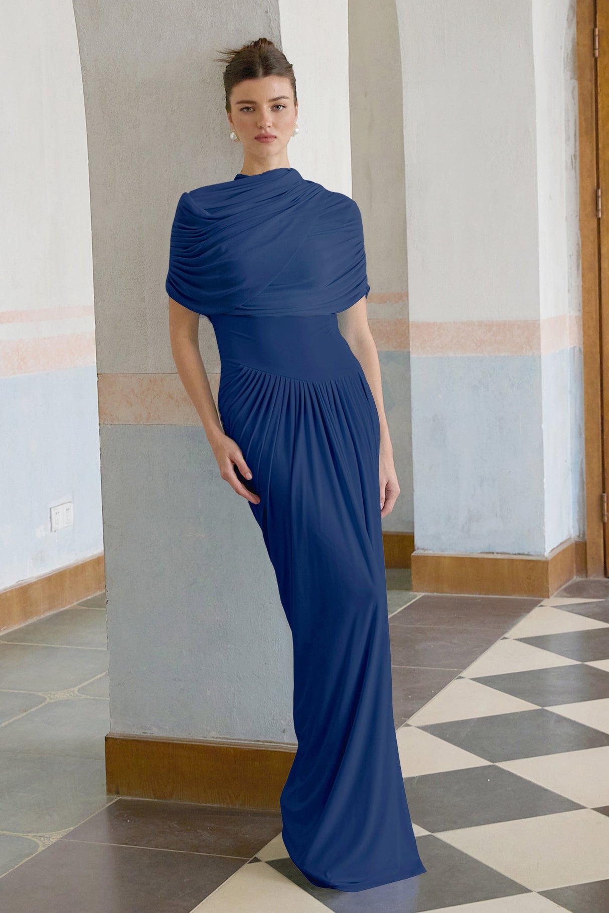 Aurohaya Catherine asymmetrical pleated maxi dress in Navy-blue