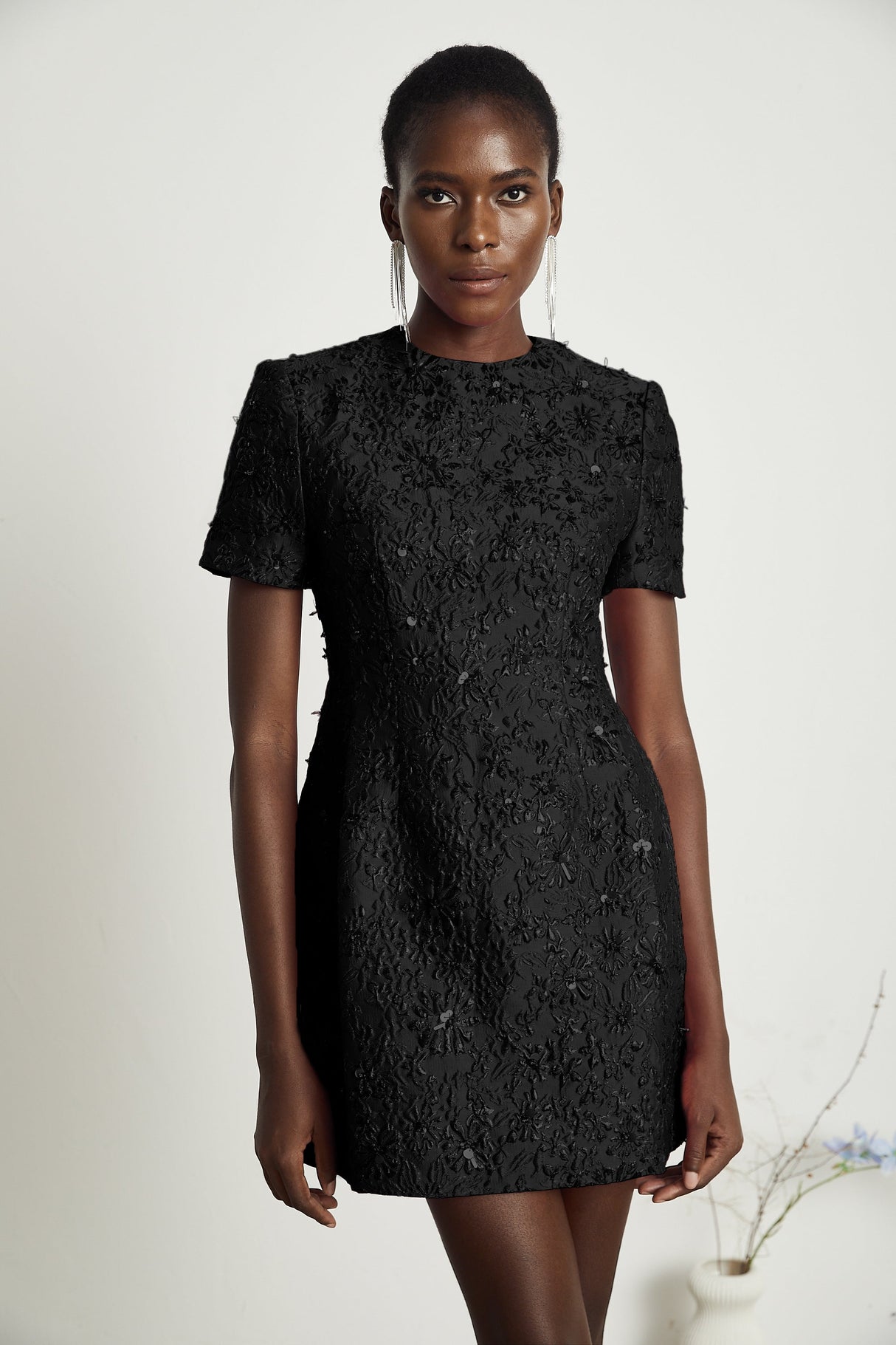 Aurohaya Celestia Floral-Appliqué Embellished Mini Dress in Black