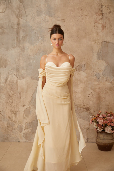 Aurohaya Mélusine Neutral Ruched Chiffon Maxi Dress