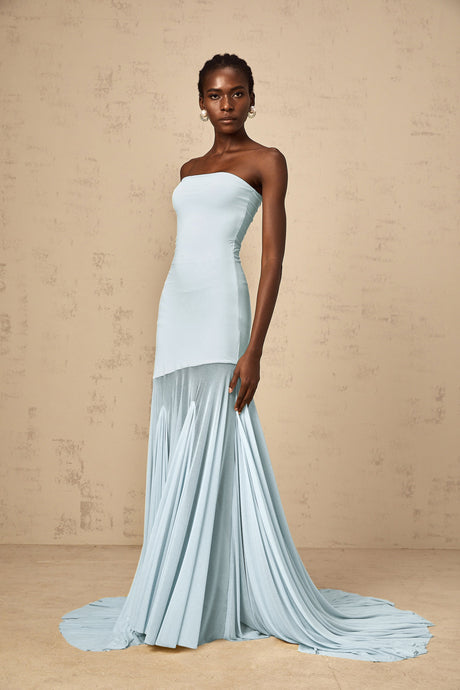 Aurohaya Josiane Blue Off-shoulder Sheer Tulle Maxi Dress