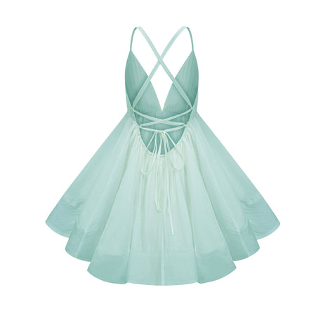 Aurohaya Quincie Green Shirred Flounced Mini Dress
