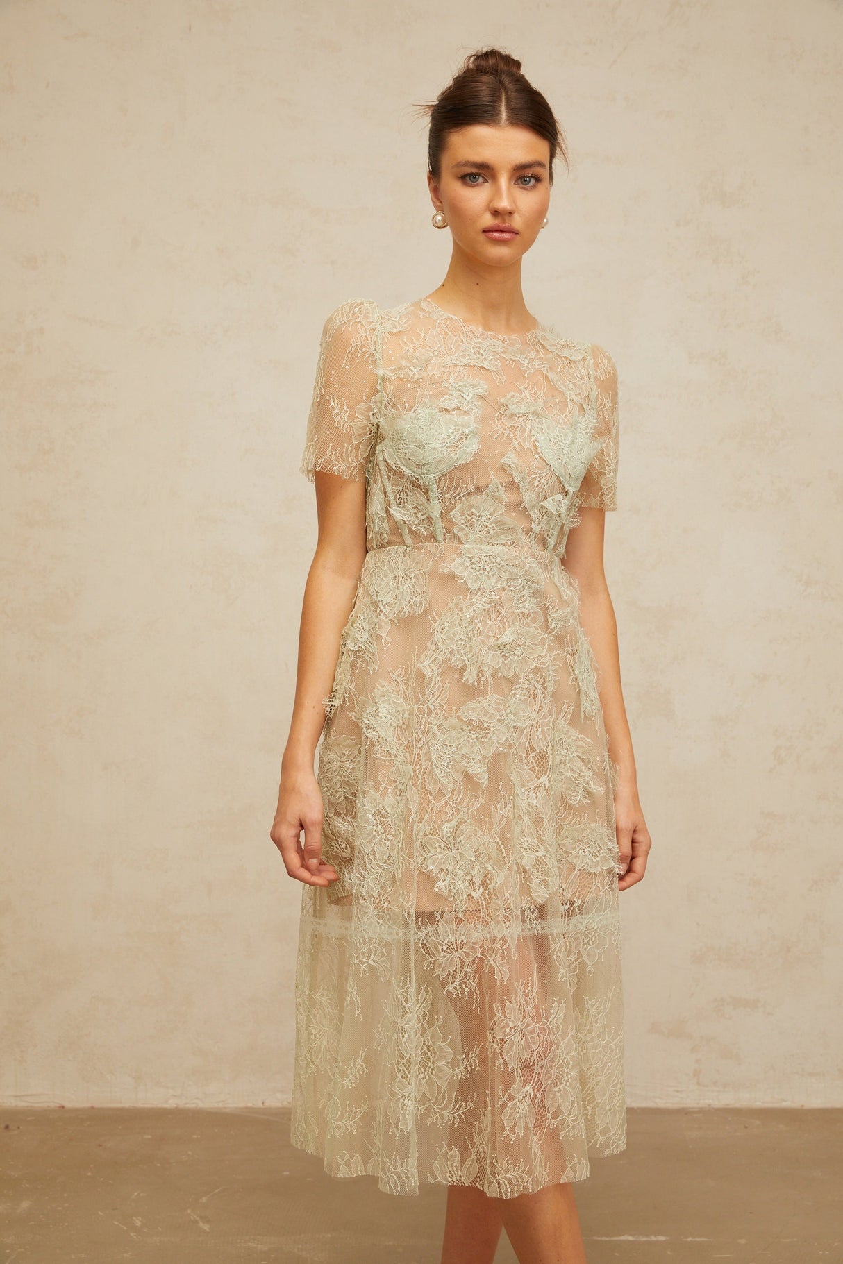Aurohaya Xaviera mint-green floral-lace midi dress