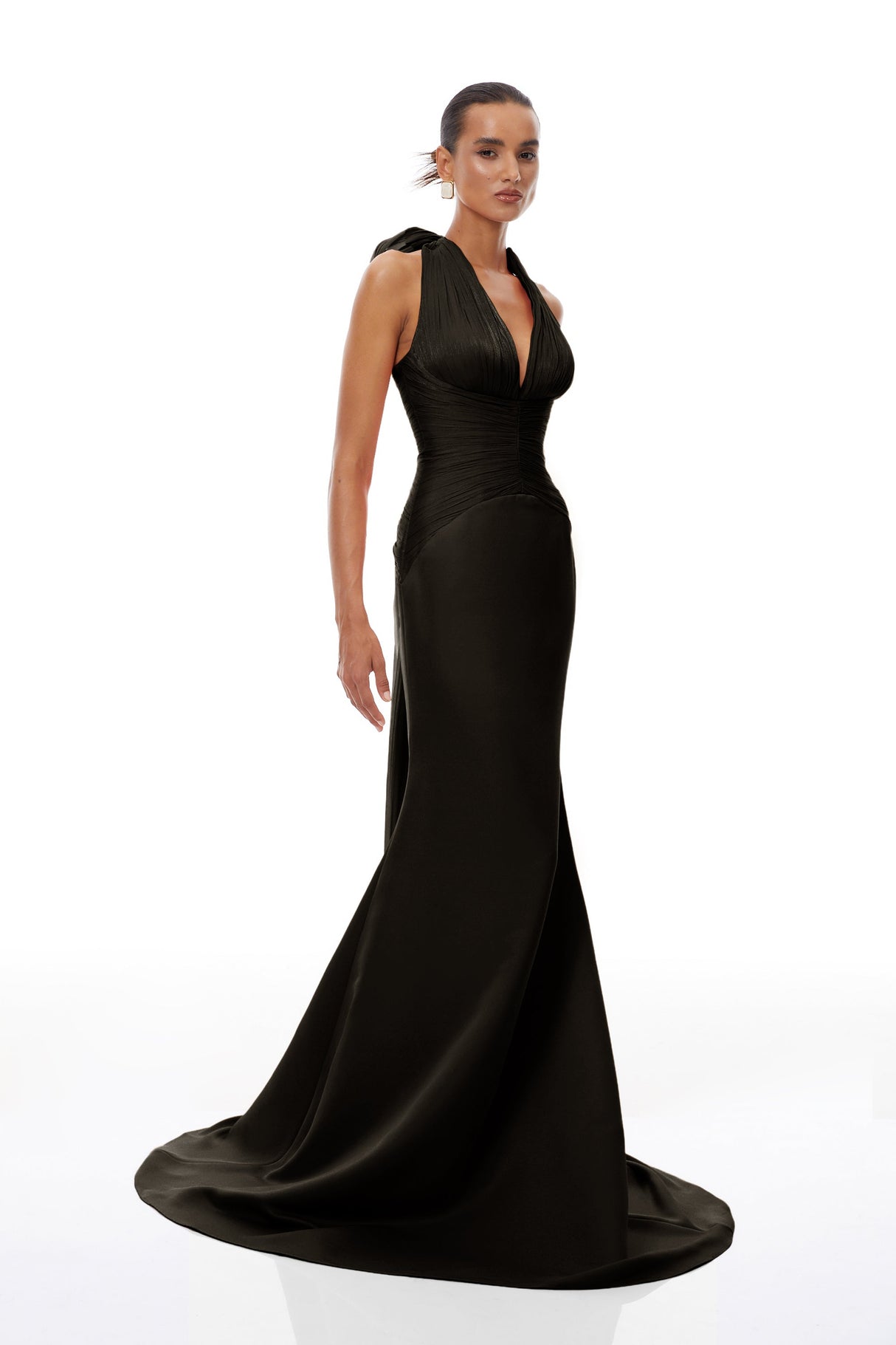 Aurohaya Emmeline Black Train Design Gathered Maxi Dress