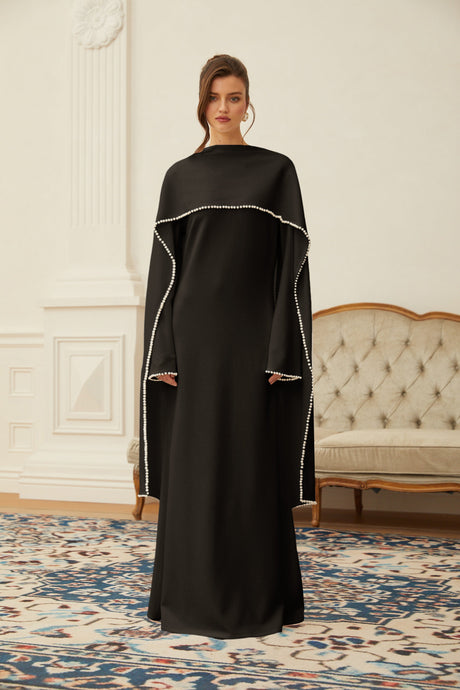 Aurohaya Piroska Black Pearl Trim Shawl Detail Maxi Dress