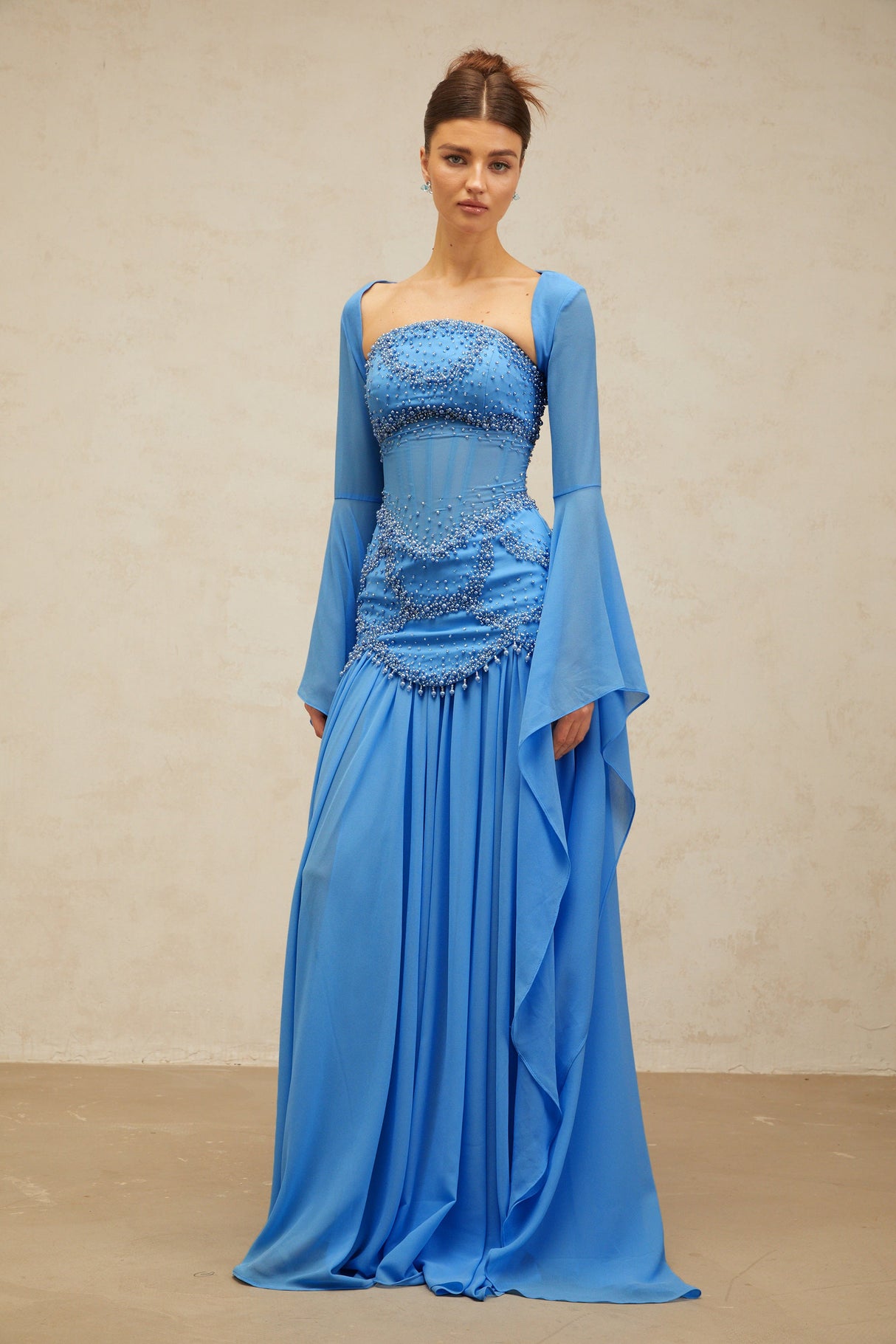 Aurohaya Gaëlle Blue Faux-pearl-embellished Pleated Maxi Dress