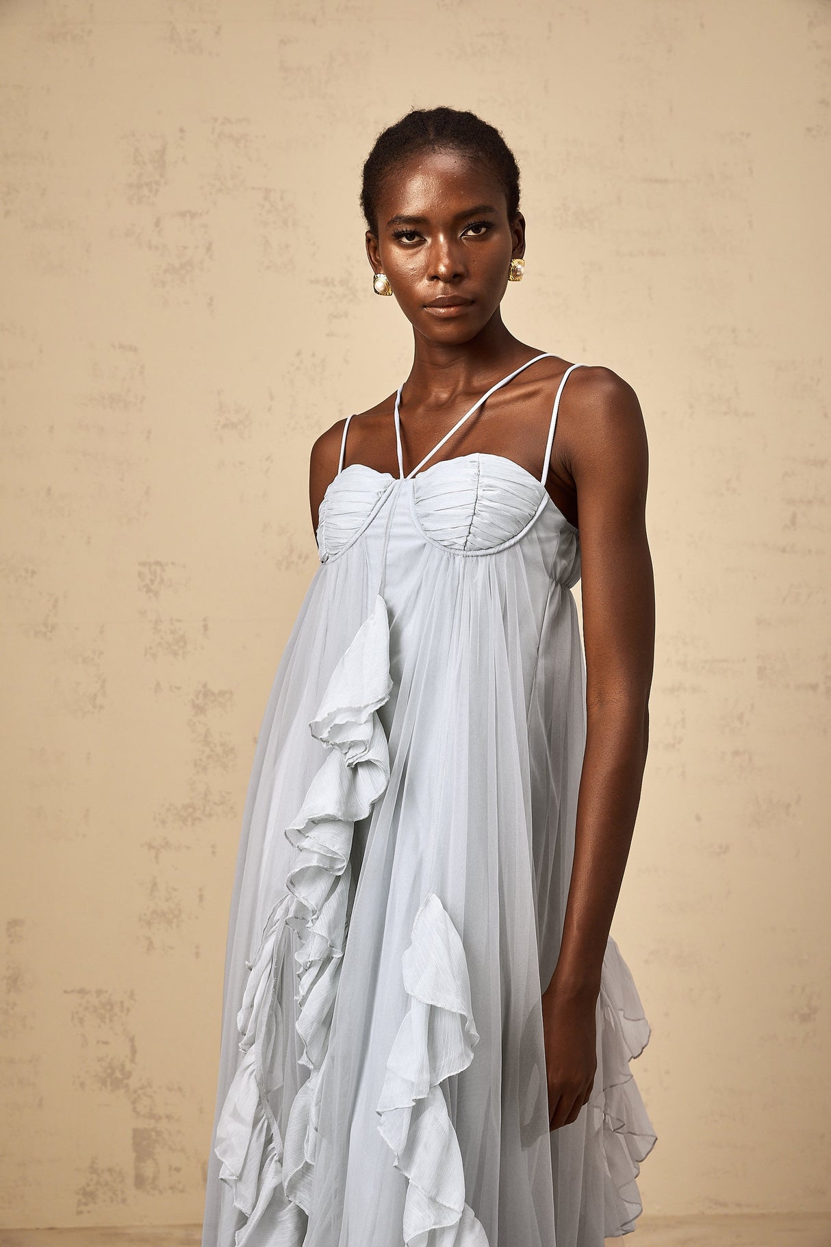 Aurohaya Colette layered ruffled tulle maxi dress in Blue