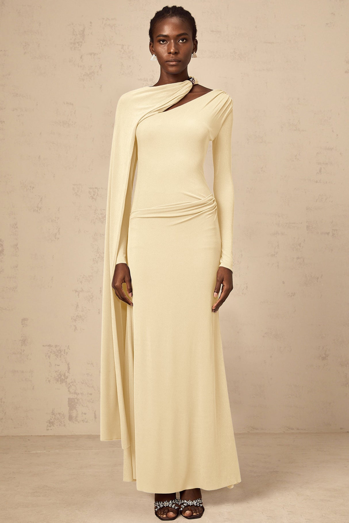 Aurohaya Josette Yellow Diagonal Shawl Fitted Maxi Dress