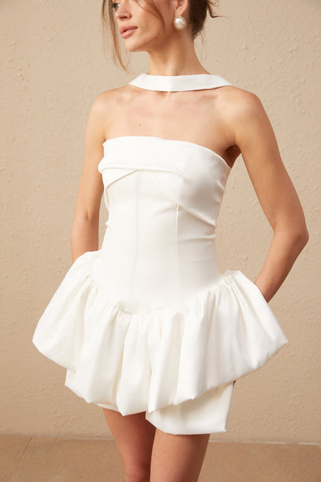 Aurohaya Aurélie white halterneck ruffled mini dress