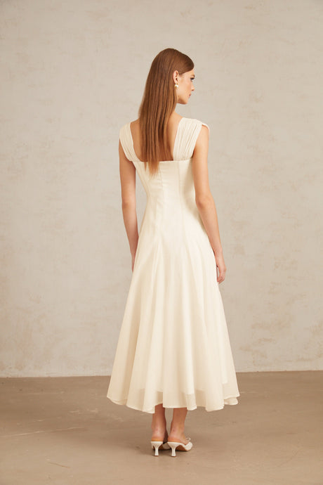 Aurohaya Érasme Cream White Flounced Midi dress