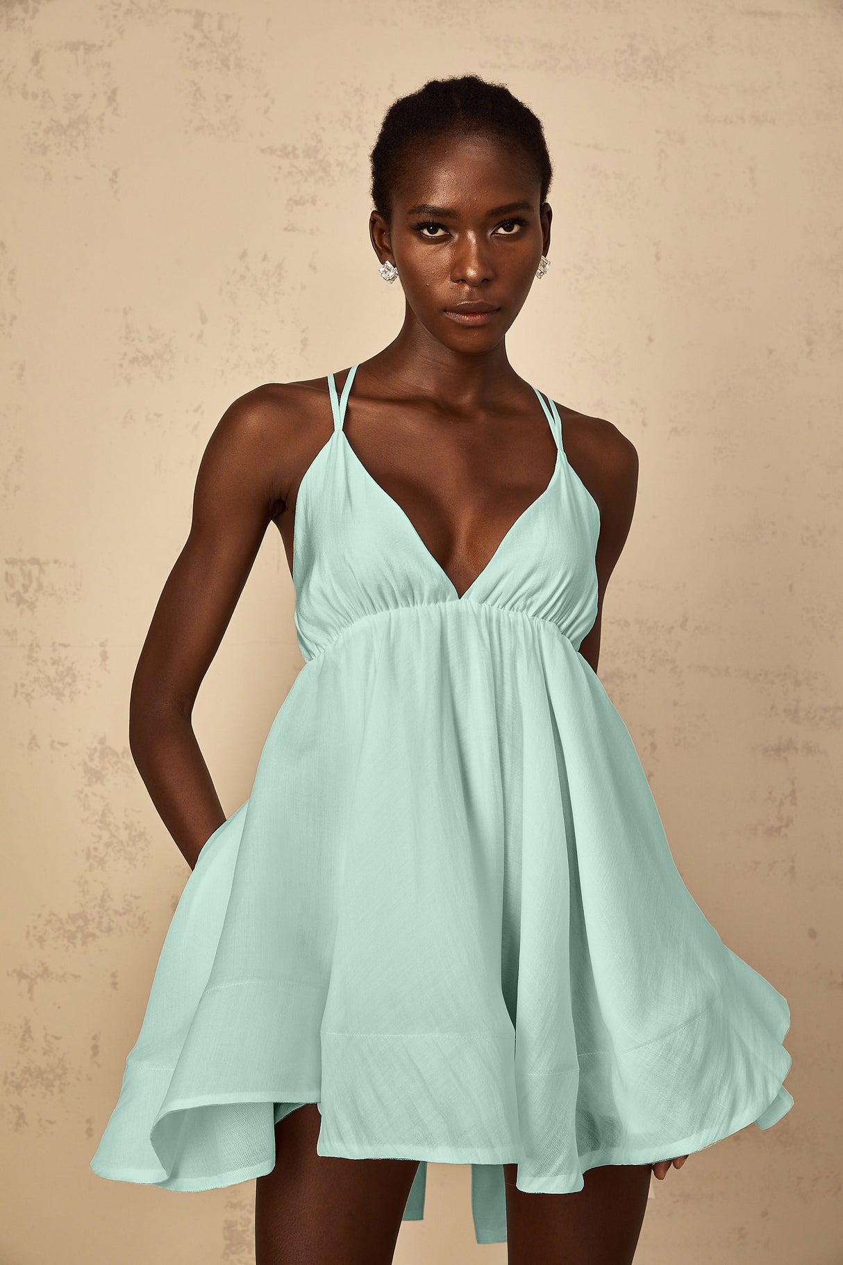 Aurohaya Quincie Green Shirred Flounced Mini Dress