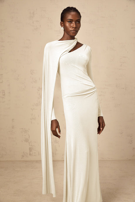 Aurohaya Josette White Diagonal Shawl Fitted Maxi Dress
