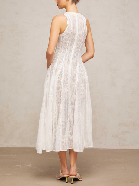 Aurohaya Elegant Hollow Lace Slim Sleeveless Swing Midi Dress