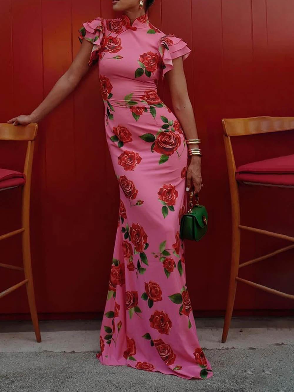 Aurohaya Cheongsam Rose Floral Print Tiered Flare Sleeve Stretch Maxi Dress