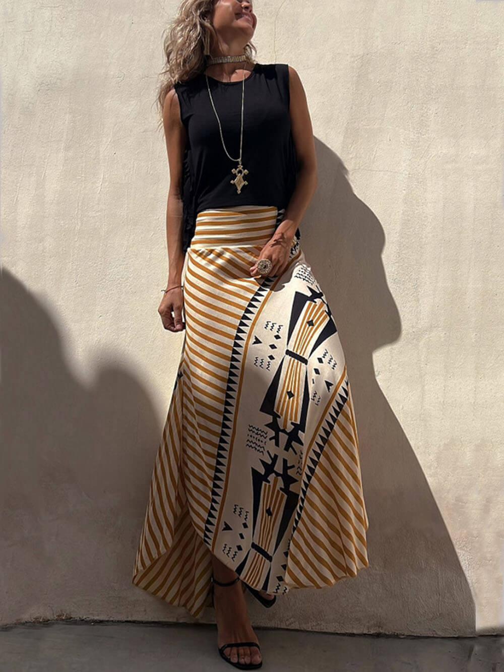 Aurohaya Geometric Print Elastic Waist Maxi Skirt
