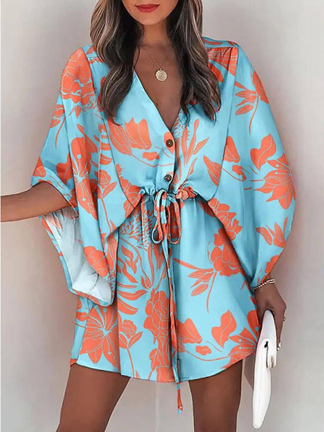 Aurohaya V-Neck Tie Printed Batwing Sleeve Dress Blue