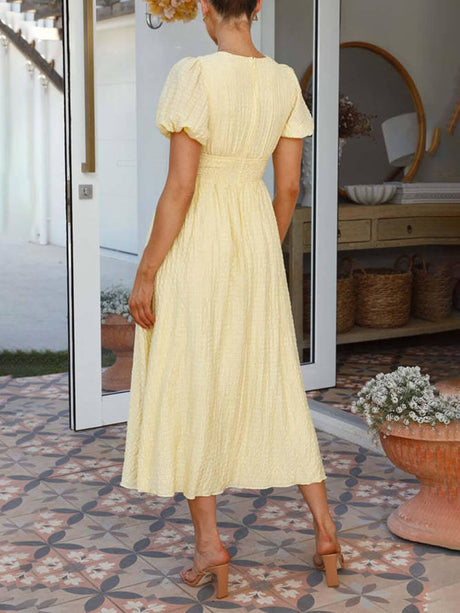 Aurohaya Puff Sleeve V-Neck Long Oversized Hem Dress