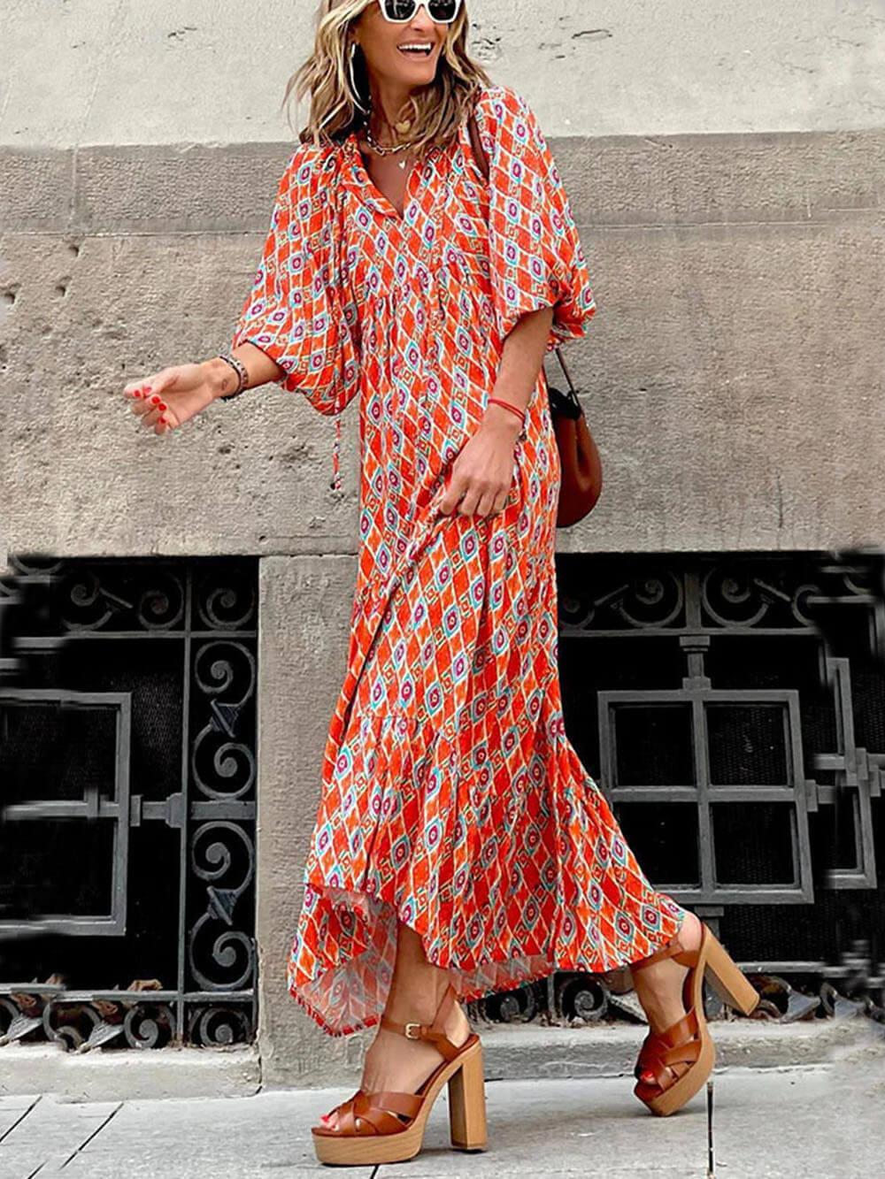 Aurohaya Bohemian Printed Maxi Dress Orange