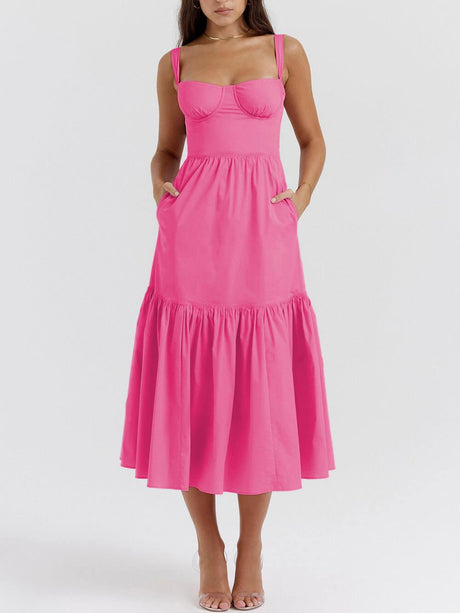 Aurohaya Strap Solid Color A-Hem Midi Dress