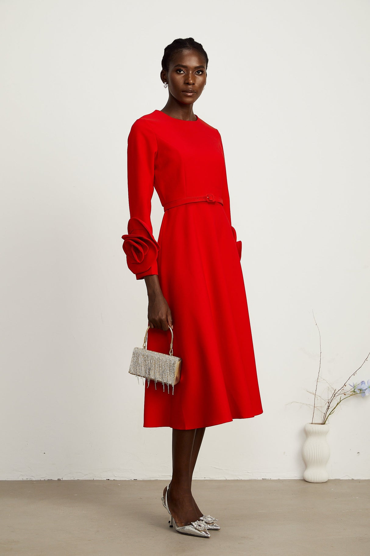 Aurohaya Elysia floral-embellished red long-sleeve dress