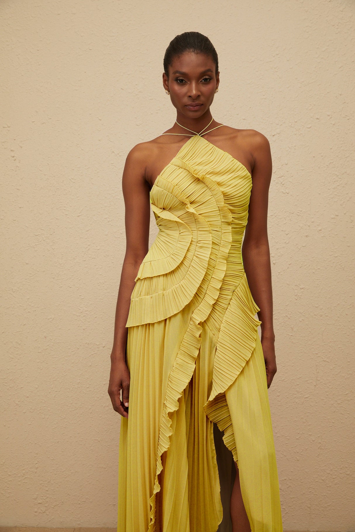 Aurohaya Doux Yellow Ruffled Trim Pleated Midi Dress