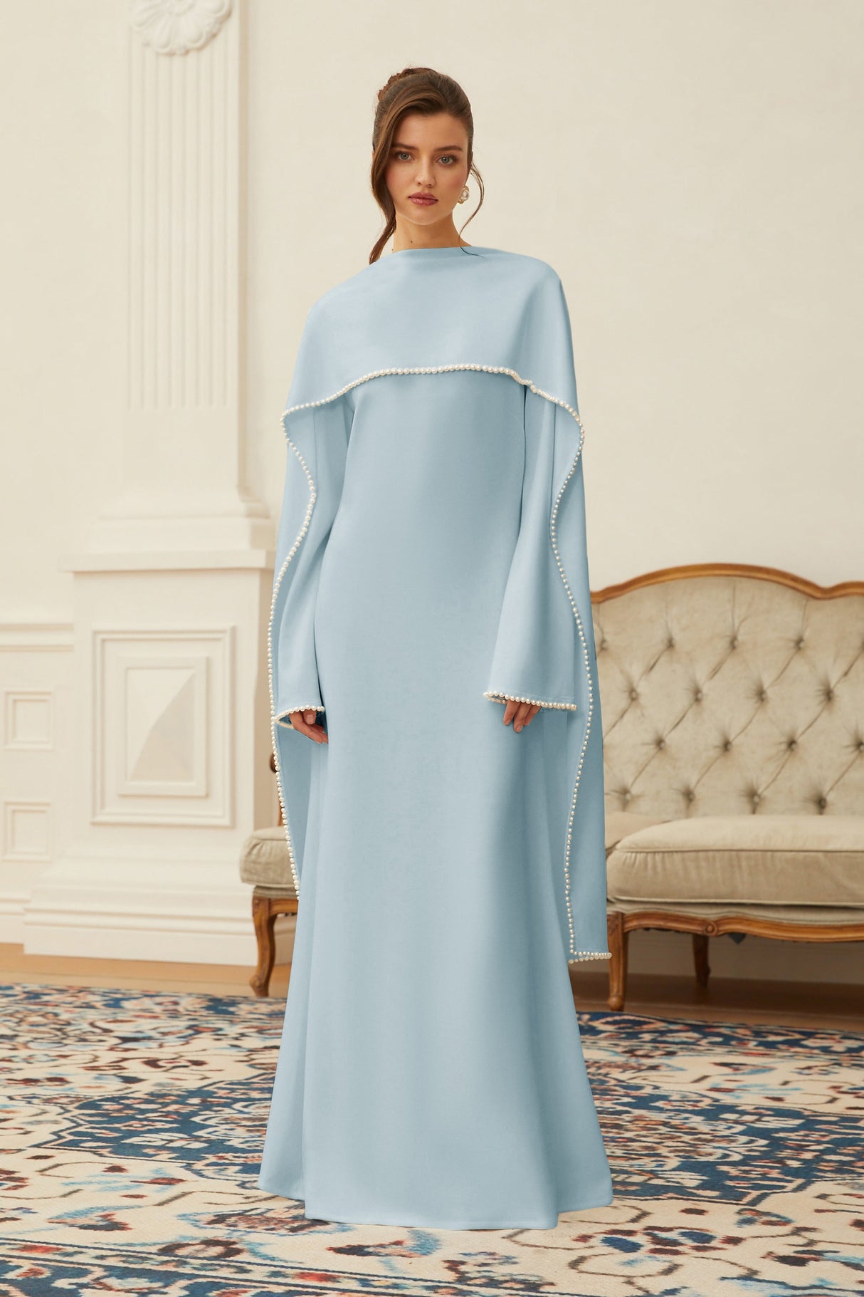 Aurohaya Piroska Blue Pearl Trim Shawl Detail Maxi Dress