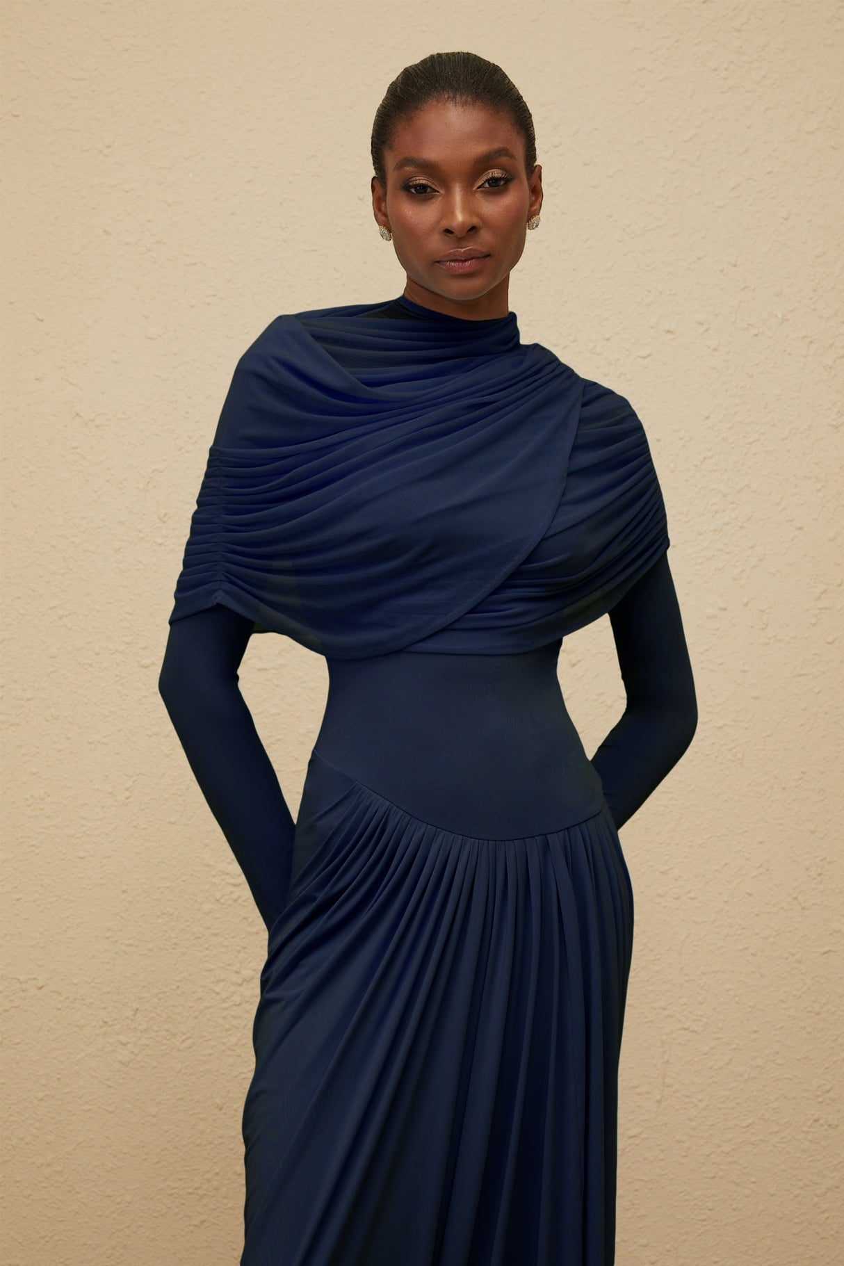 Aurohaya Catherine Navy-Blue Asymmetrical Pleated Long-Sleeve Maxi Dress